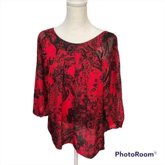 Roz & Ali Tops - Roz & Ali Blouse, Black and Red, Petite Large